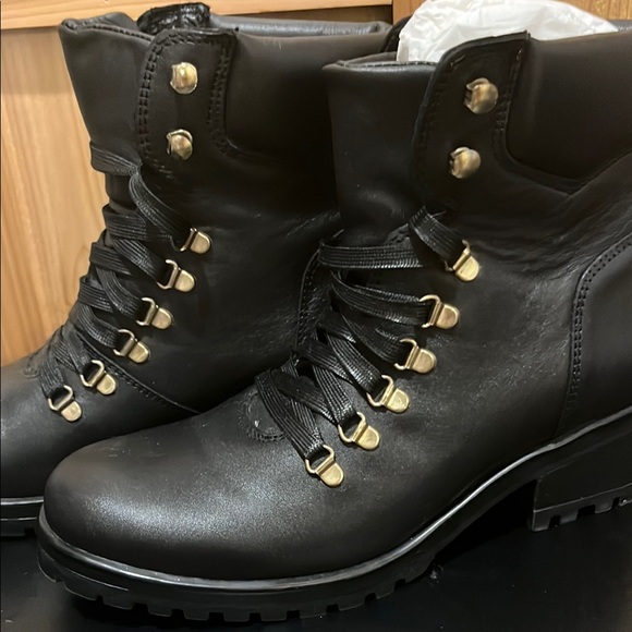 Steve Madden Black Combat Boots with Gold Accents - Picture 8 of 12